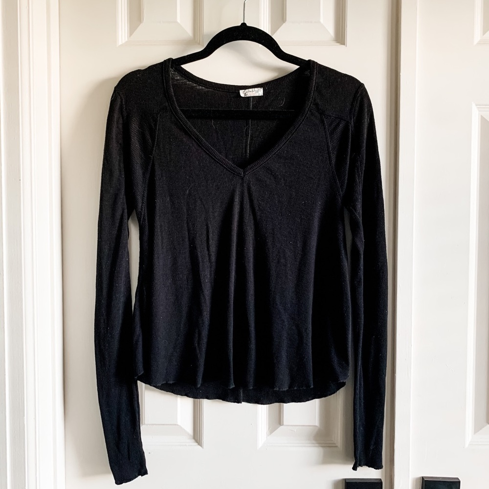 Free People Black Flowy Long Sleeve V-neck